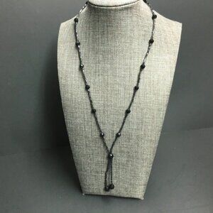 Seed Bead Tassel Necklace 20 In Black Silver Station Retro BoHo 80s 90s Y2K